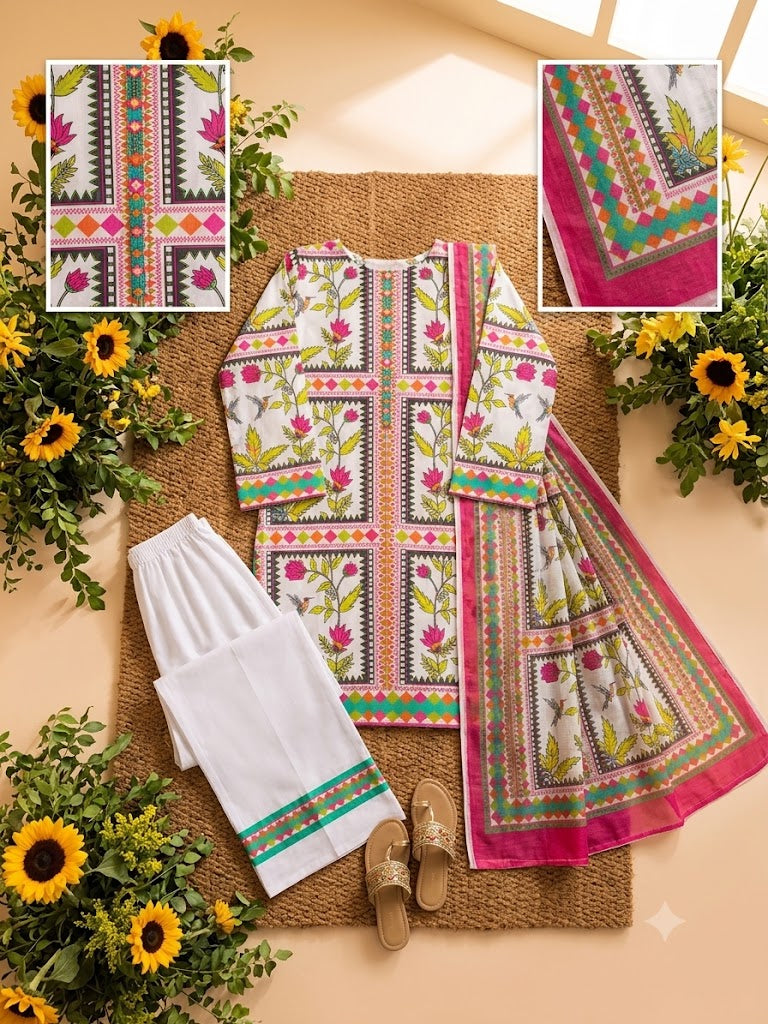 Premium Swiss Lawn 3-Piece Geometric & Floral Printed Suit – White & Pink