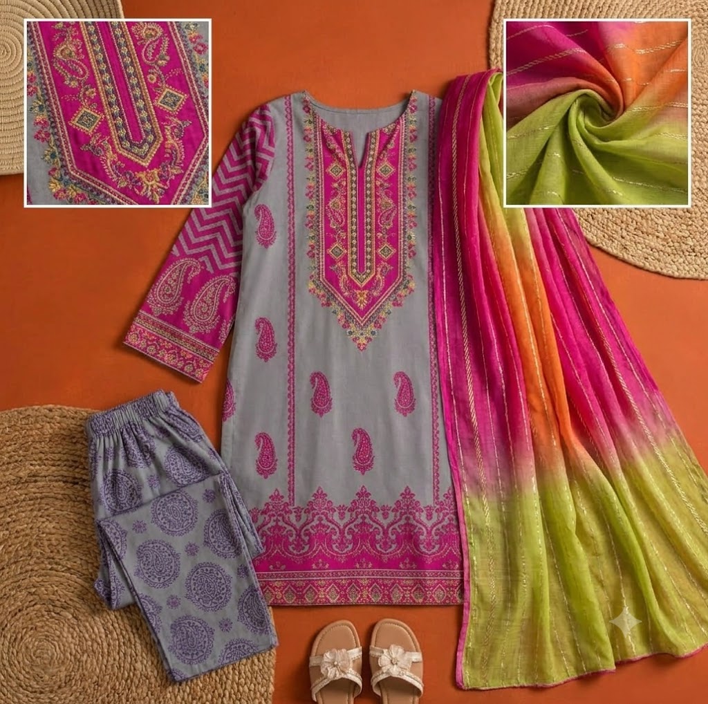 Premium Swiss Lawn 3-Piece Paisley Printed Suit with Tricolor Dupatta – Slate Gray & Magenta