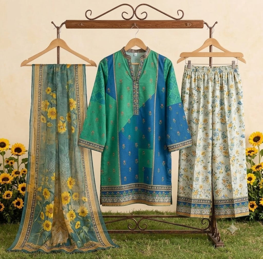 Premium Swiss Lawn 3-Piece Floral Printed Suit with Chiffon Dupatta – Blue & Green