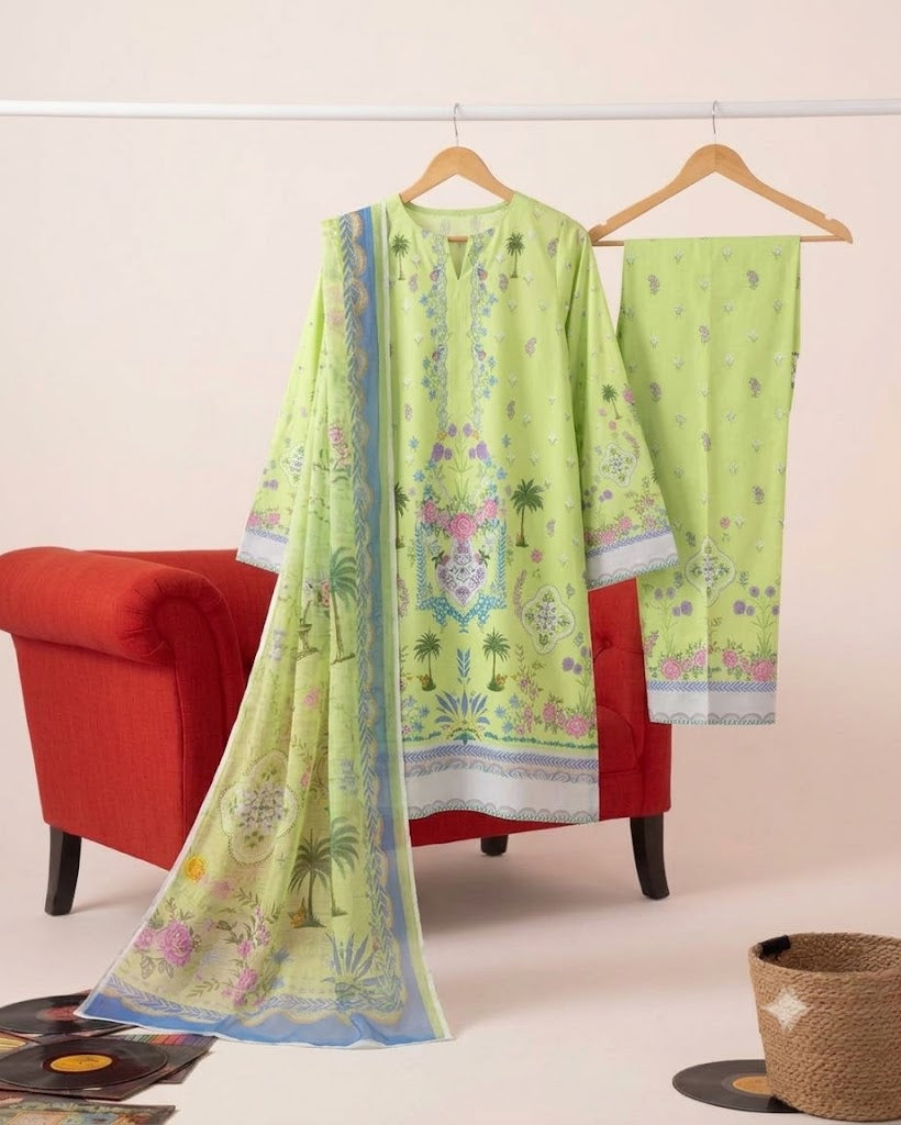 Premium Swiss Lawn 3-Piece Oasis Printed Suit with Dupatta – Lime Green & Powder Blue