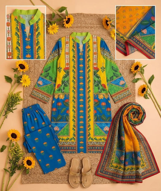 Premium Swiss Lawn 3-Piece Floral & Block Print Suit – Royal Blue, Yellow & Green