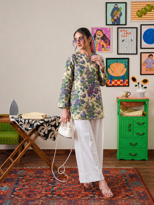 Floral Printed Kurta with White Farshi Shalwar