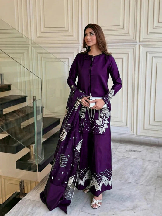 Elegance Personified — 3-Piece Pure China Raw Silk Suit with Heavy Sequence Embroidery