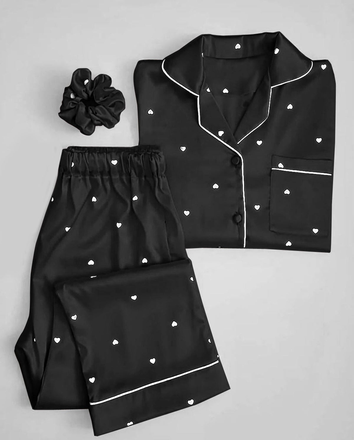 Sweetheart Satin Pajama Set | Luxury Printed Nightwear with Matching Scrunchie