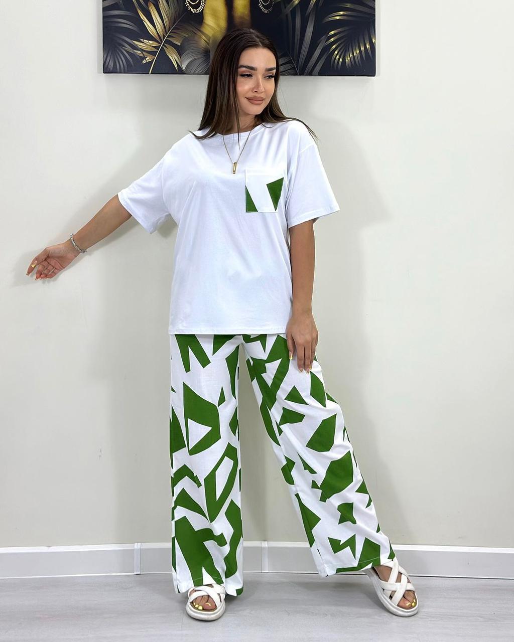 Women’s Polyester Dry-Fit Summer Track Suit | Geometric Wide-Leg Lounge Set