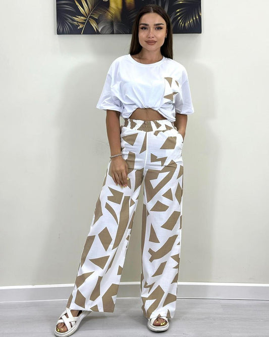 Women’s Polyester Dry-Fit Summer Track Suit | Geometric Wide-Leg Lounge Set