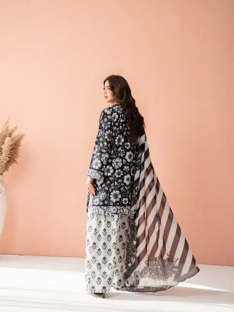 Premium Swiss Lawn 3-Piece Monochrome Printed Kurti & Farshi Shalwar– Classic Black & White