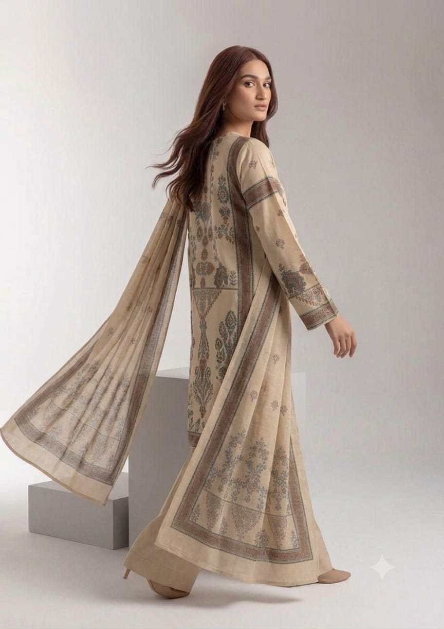 Premium Swiss Lawn 3-Piece Ethnic Printed Kurti & Farshi Shalwar – Cream Beige & Rust
