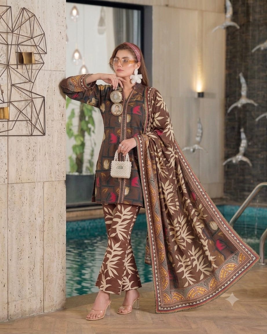 Premium Swiss Lawn 3-Piece Abstract & Botanical Printed Kurti & Farshi Shalwar– Chocolate Brown