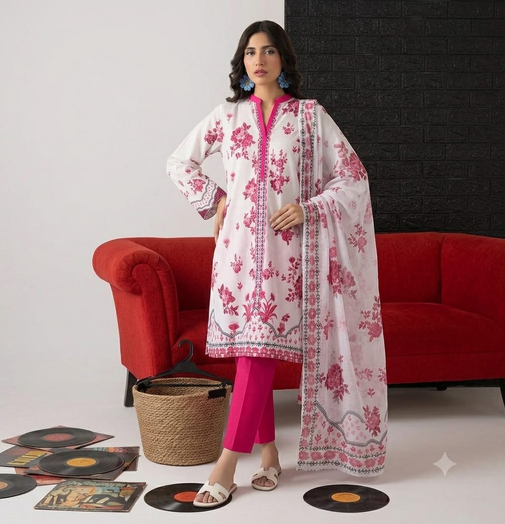 Off-White & Fuchsia Floral Printed Lawn Suit with Dupatta – 3 Piece
