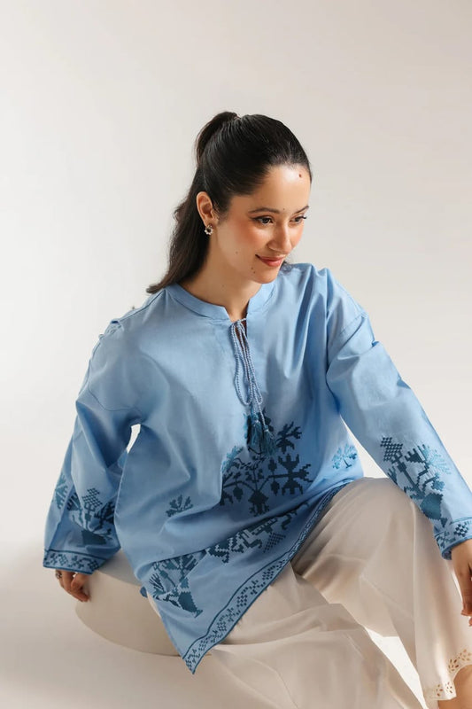 Sky Blue Cross-Stitch Embroidered Tunic with -White Farshi– 2 Piece