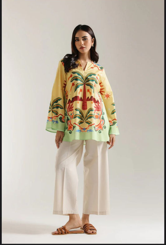 Tropical Palm Printed Lawn Tunic with Farshi Shalwar – 2 Piece