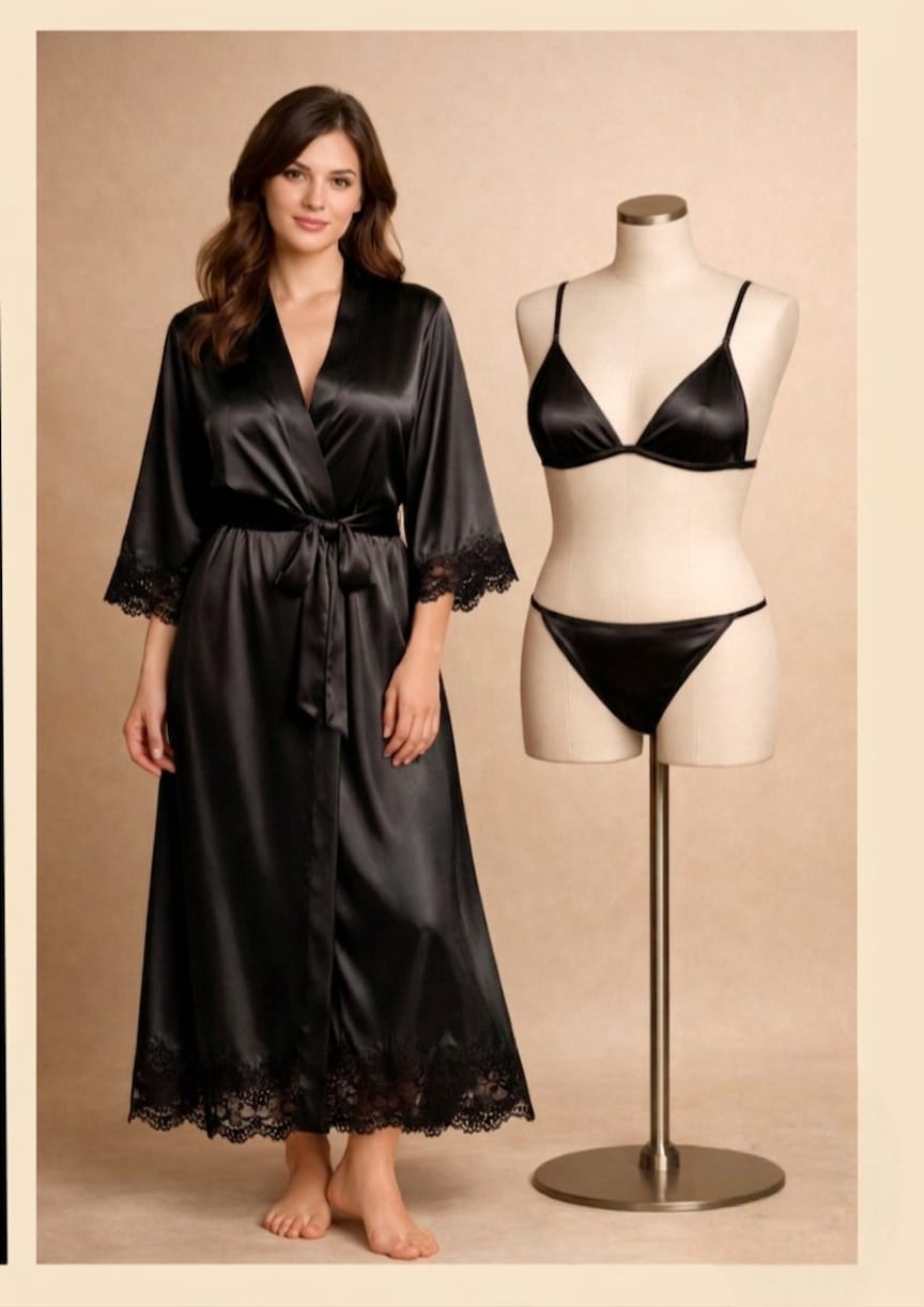 Luxury Satin Silk 3-Piece Nightwear & Robe Set with Delicate Lace Trim