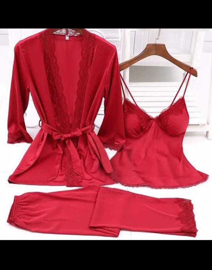 Luxury Satin Silk 3-Piece Nightwear Set – Robe, Cami Top & Pajama Trouser