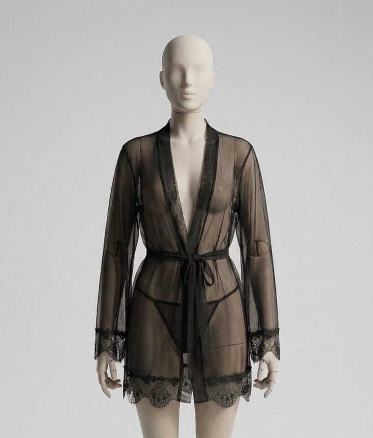 Sheer Soft Net Robe Gown & Panty Lingerie Set with Lace Trim