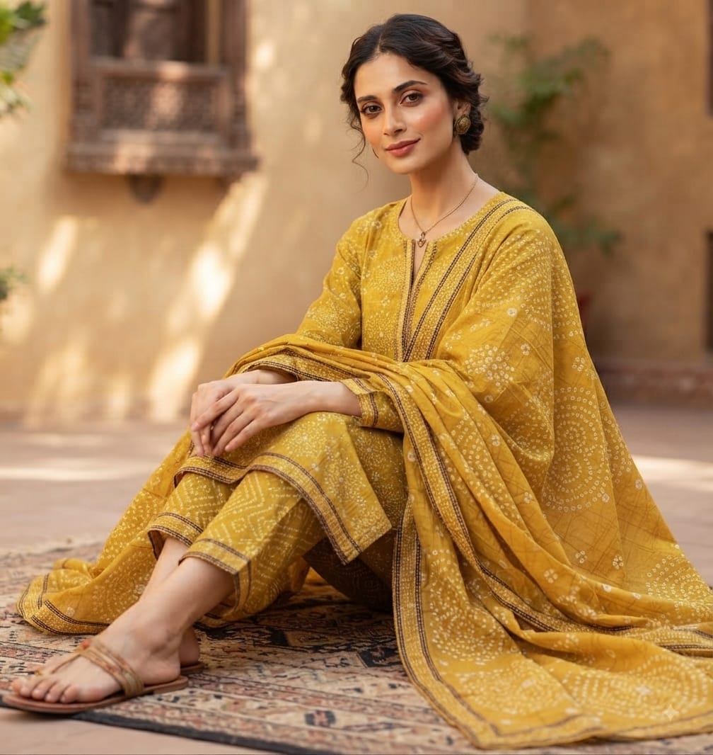 Mustard Bandhani Printed Pure Lawn 3-Piece Stitched Suit
