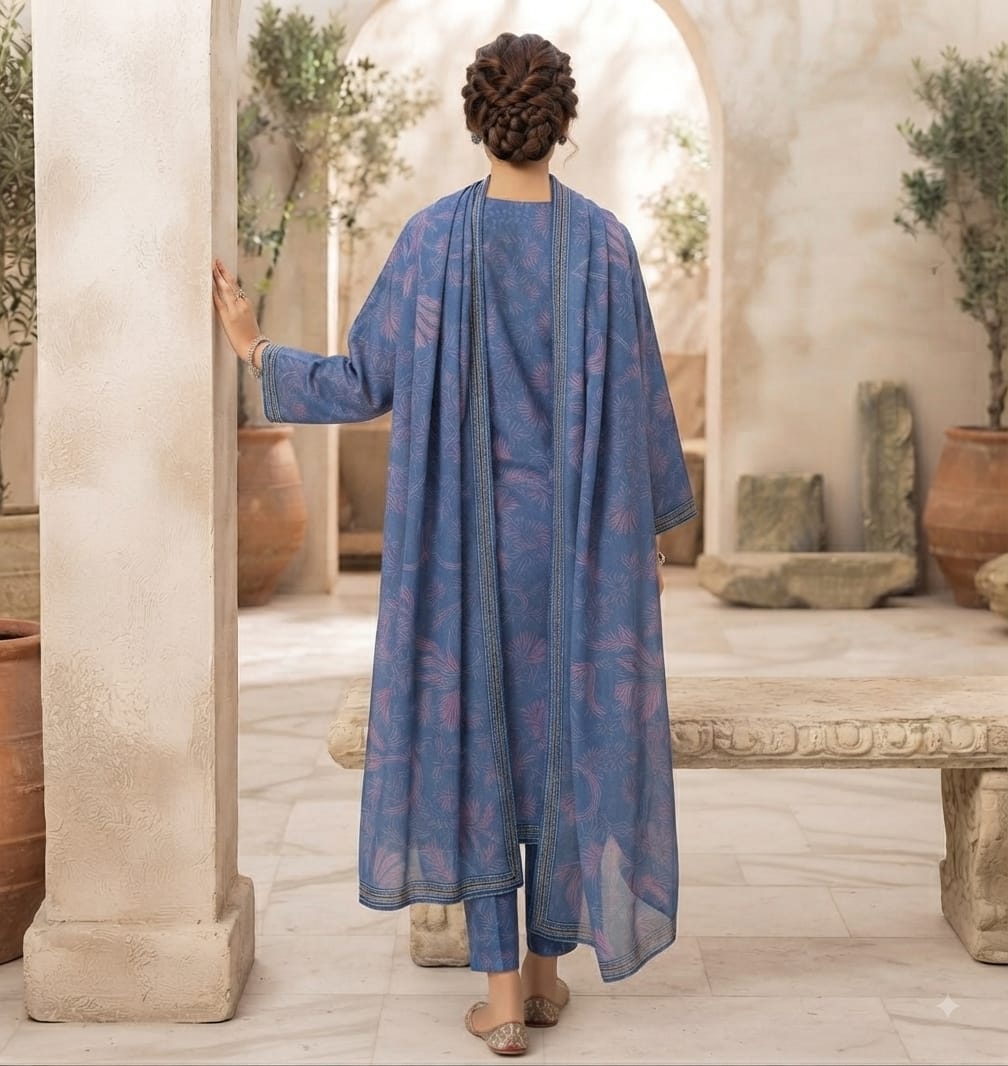 Royal Indigo Floral Pure Lawn 3-Piece Stitched Suit