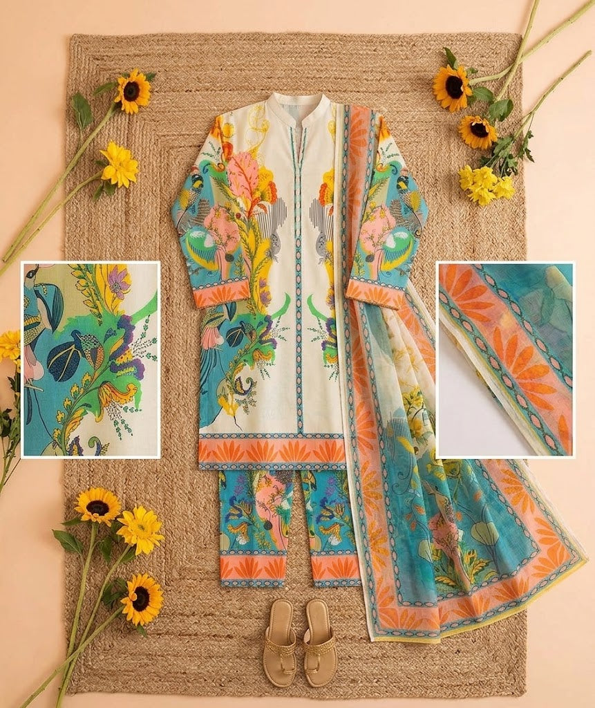 Premium Swiss Lawn 3-Piece Floral & Tropical Printed Suit – Off-White & Teal