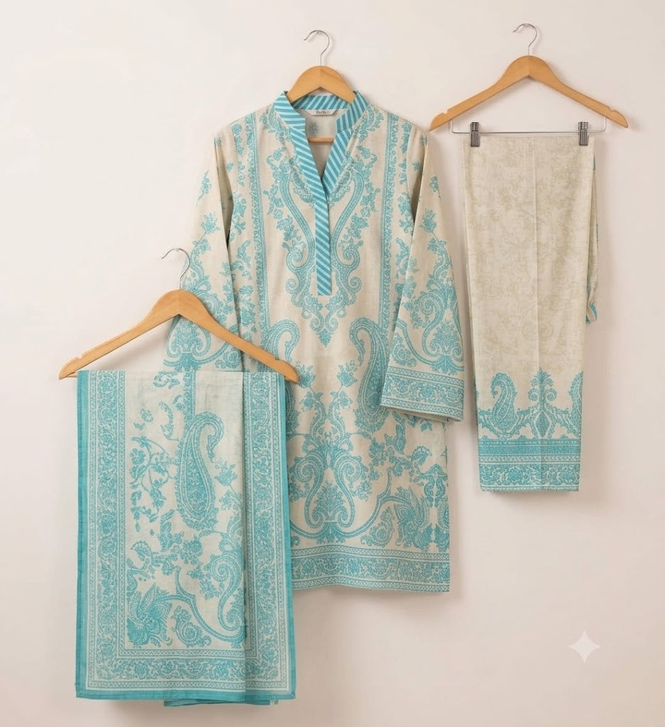 Premium Swiss Lawn 3-Piece Baroque Paisley Printed Suit – Ivory & Turquoise