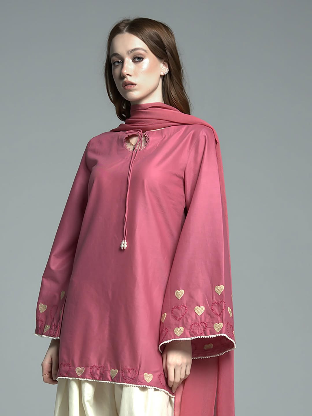 Macaron Embroidered Mauve Tunic & Off-White Heart Motif Wide & Farshi Shalwar-2 piece