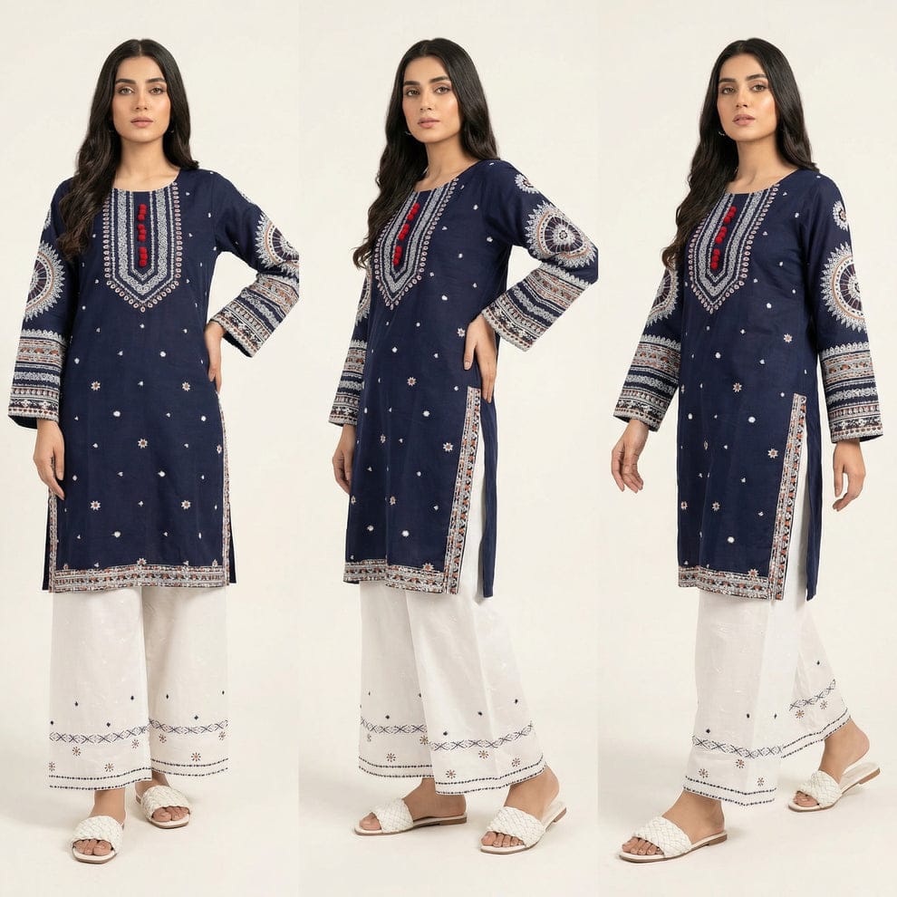 Midnight Blue Embroidered Kurti & White Farshi Shalwar Set – 2 Piece Ethnic Wear