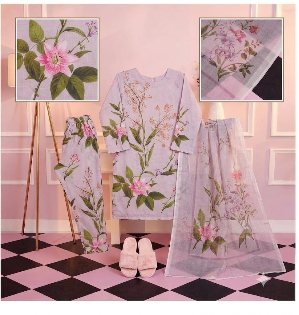 Premium Swiss Lawn 3-Piece Floral Printed Suit – Soft Lilac & Pink