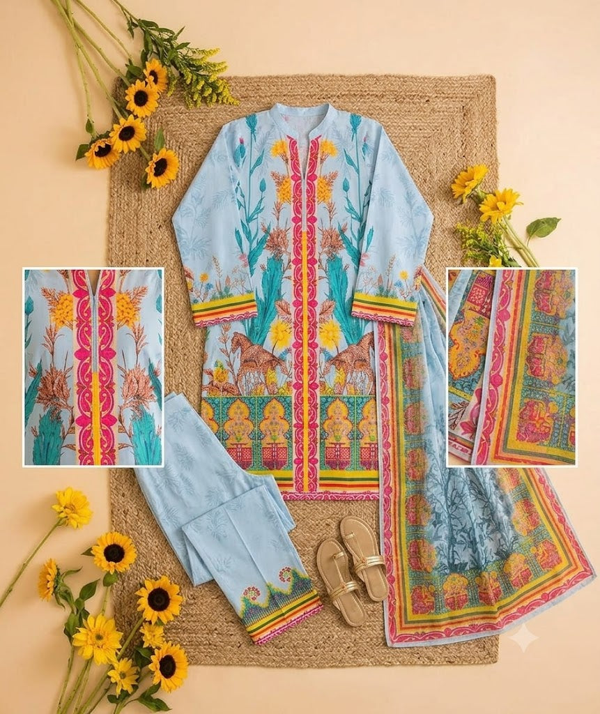 Premium Swiss Lawn 3-Piece Floral & Scenic Printed Suit – Pastel Blue & Pink