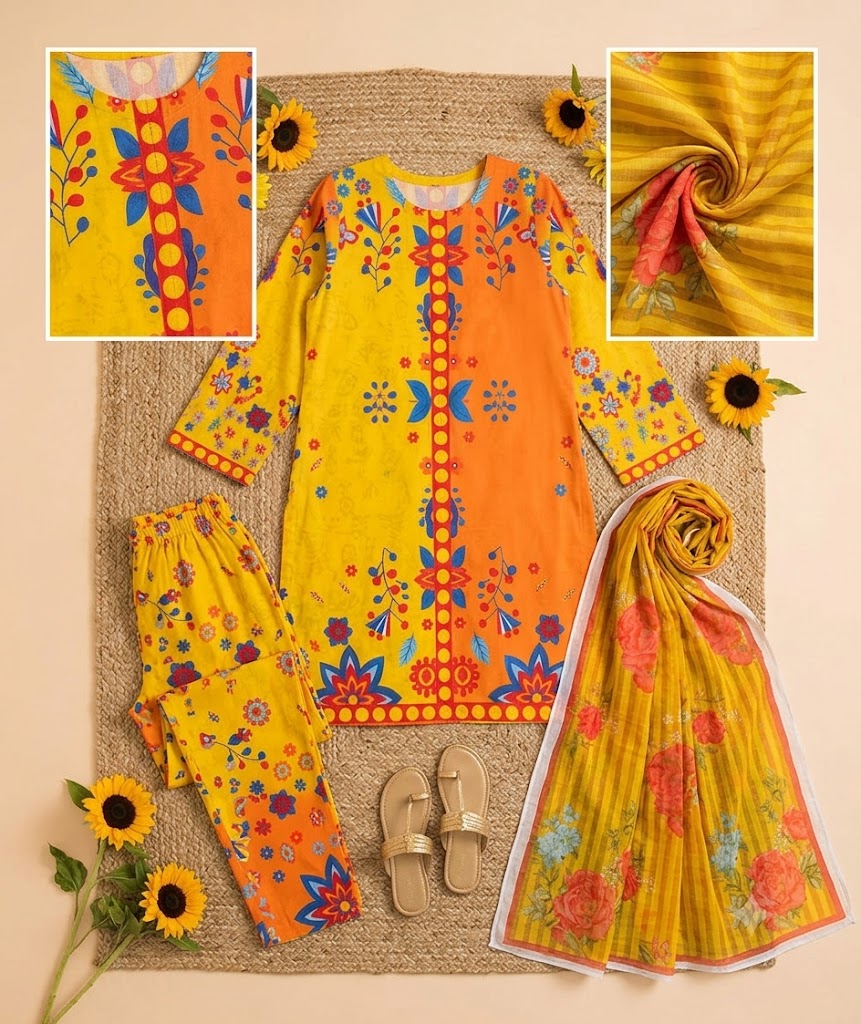Premium Swiss Lawn 3-Piece Floral & Geometric Printed Suit – Mustard Yellow & Orange