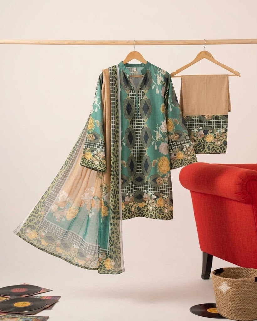 Premium Swiss Lawn 3-Piece Geometric & Floral Printed Suit – Sage Green & Beige
