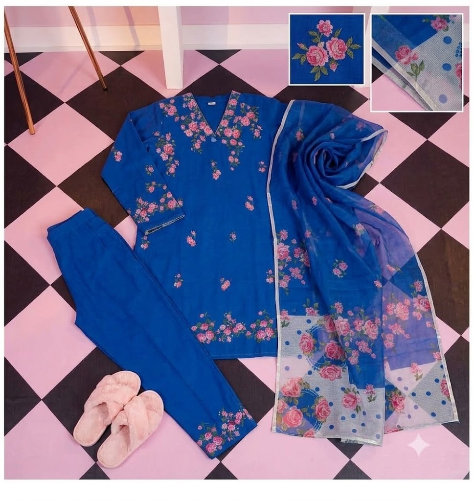 Premium Swiss Lawn 3-Piece Floral Printed Suit – Royal Blue & Pink