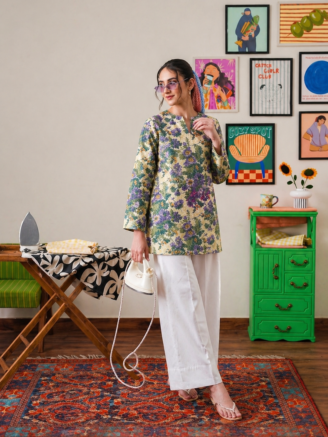 Floral Printed Kurta with White Farshi Shalwar