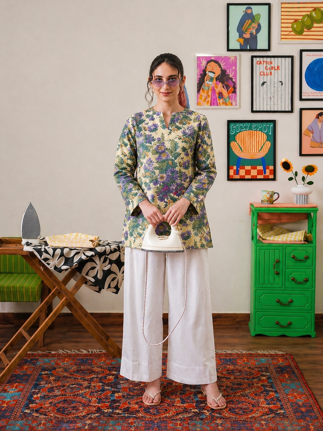 Floral Printed Kurta with White Farshi Shalwar