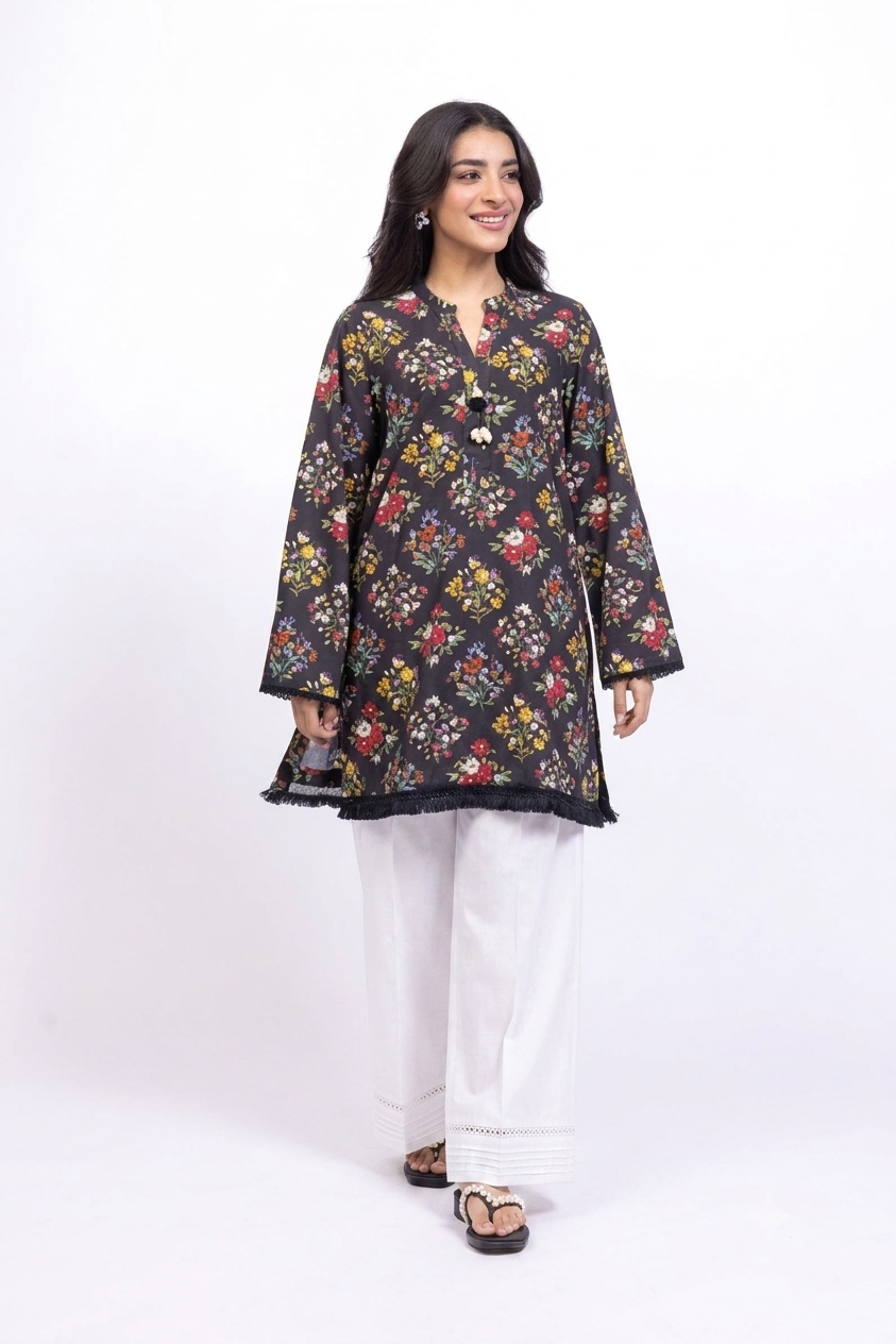 Charcoal Black Floral Printed Lawn Kurti with White Farshi Shalwar– 2 Piece