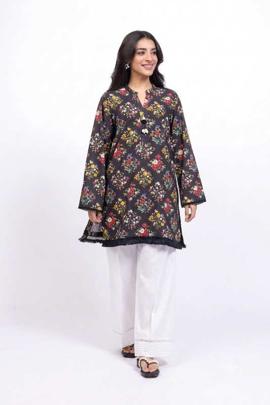 Charcoal Black Floral Printed Lawn Kurti with White Farshi Shalwar– 2 Piece