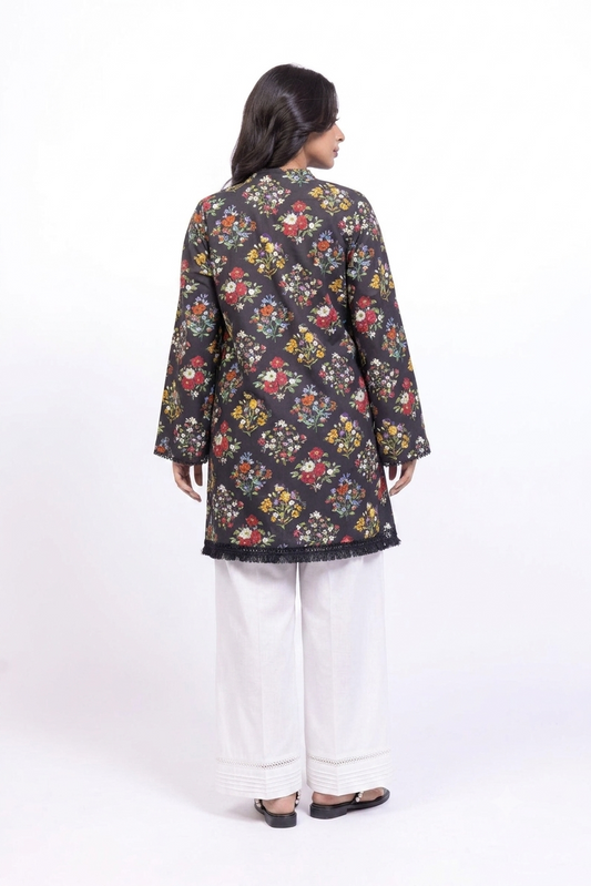 Charcoal Black Floral Printed Lawn Kurti with White Farshi Shalwar– 2 Piece