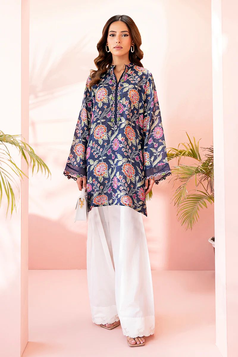 Garden Bloom Printed Kurta & Farshi Shalwar- Navy & Peach