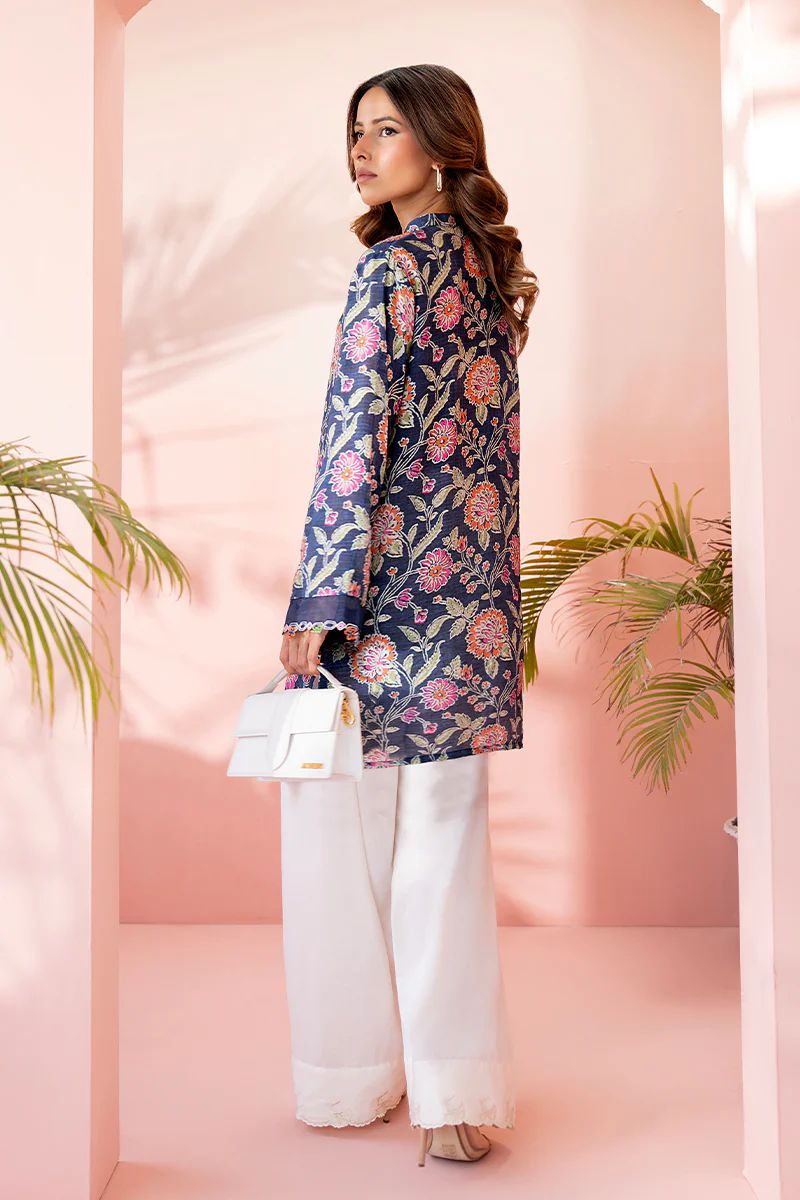 Garden Bloom Printed Kurta & Farshi Shalwar- Navy & Peach