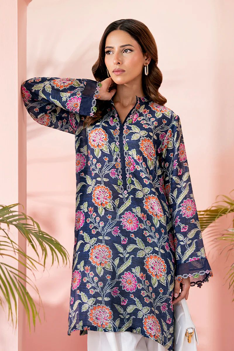 Garden Bloom Printed Kurta & Farshi Shalwar- Navy & Peach