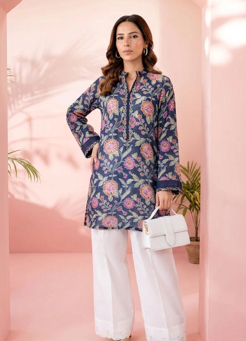 Garden Bloom Printed Kurta & Farshi Shalwar- Navy & Peach