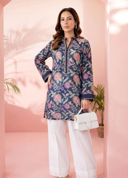 Garden Bloom Printed Kurta & Farshi Shalwar- Navy & Peach