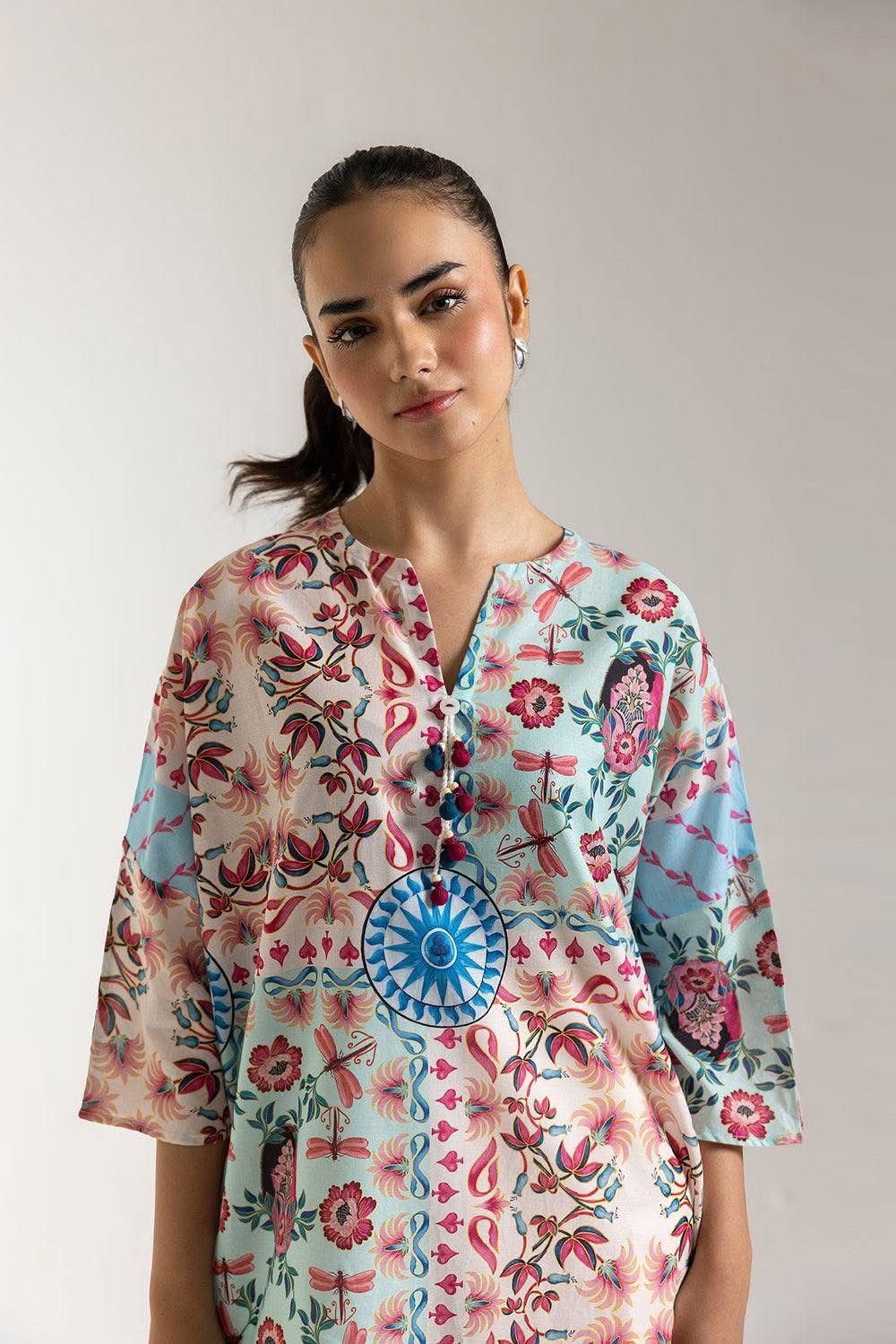 Mandala Print Kurta & Farshi Shalwar - Blue & Rose