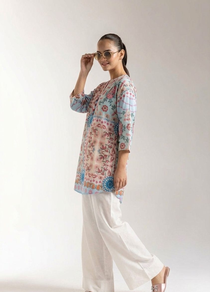 Mandala Print Kurta & Farshi Shalwar - Blue & Rose