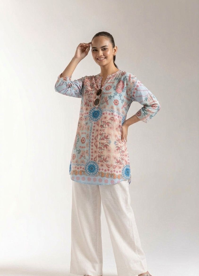 Mandala Print Kurta & Farshi Shalwar - Blue & Rose
