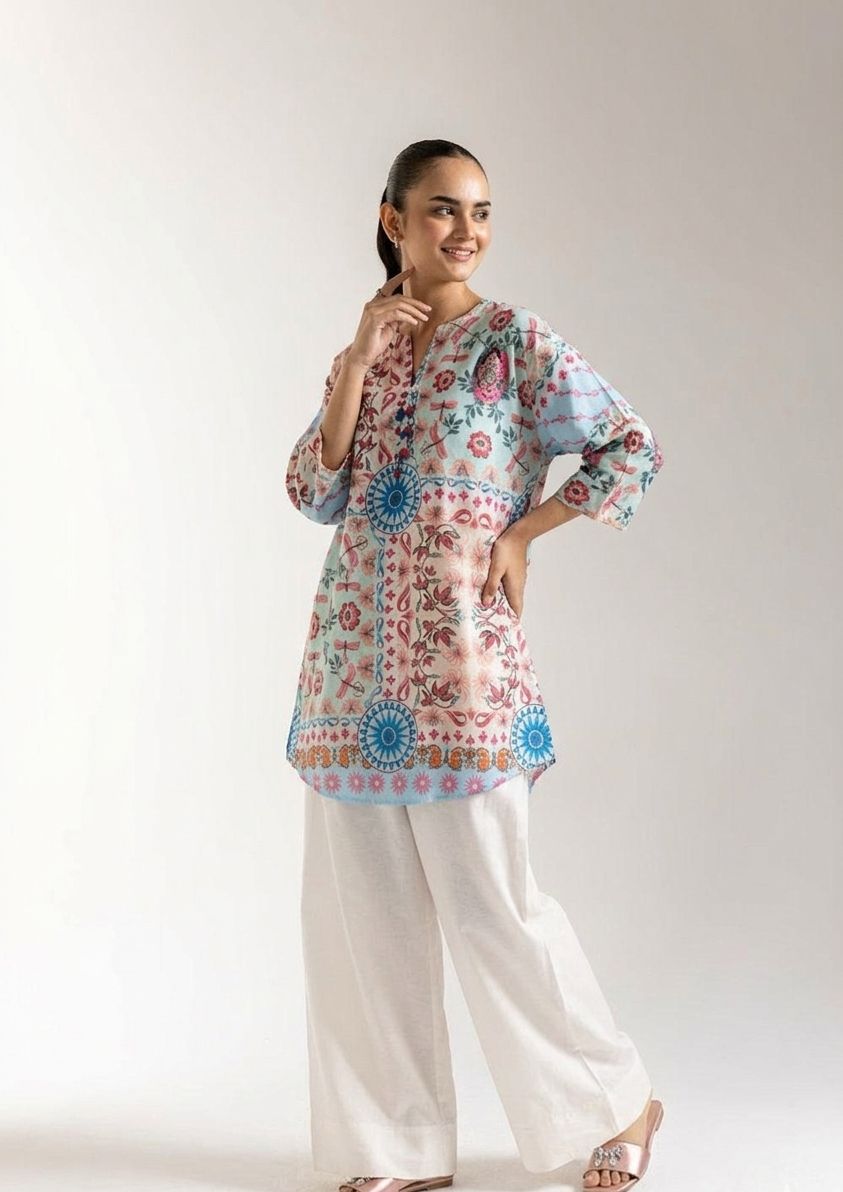 Mandala Print Kurta & Farshi Shalwar - Blue & Rose