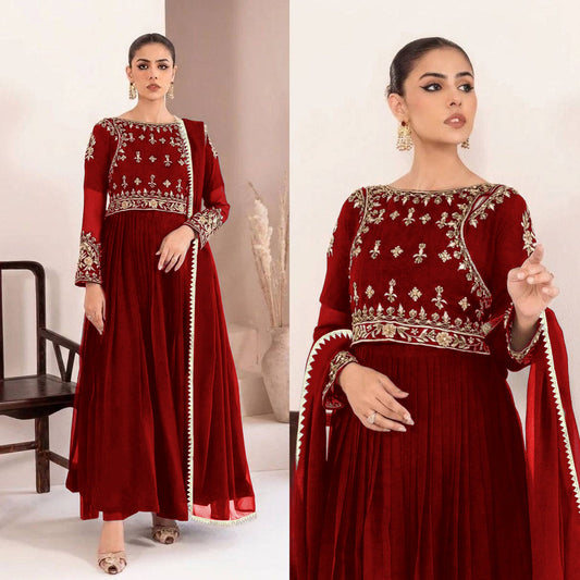 The "Zuri" Hand-Embellished Velvet Anarkali in Deep Garnet