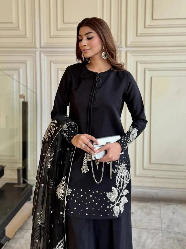 Elegance Personified — 3-Piece Pure China Raw Silk Suit with Heavy Sequence Embroidery