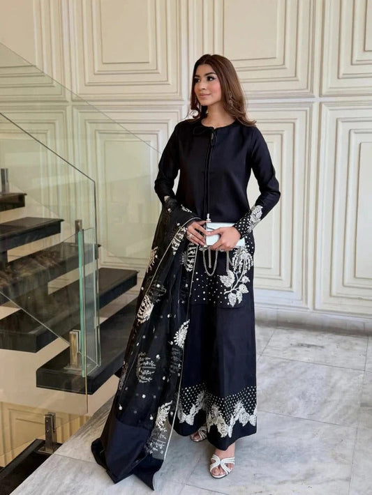 Elegance Personified — 3-Piece Pure China Raw Silk Suit with Heavy Sequence Embroidery