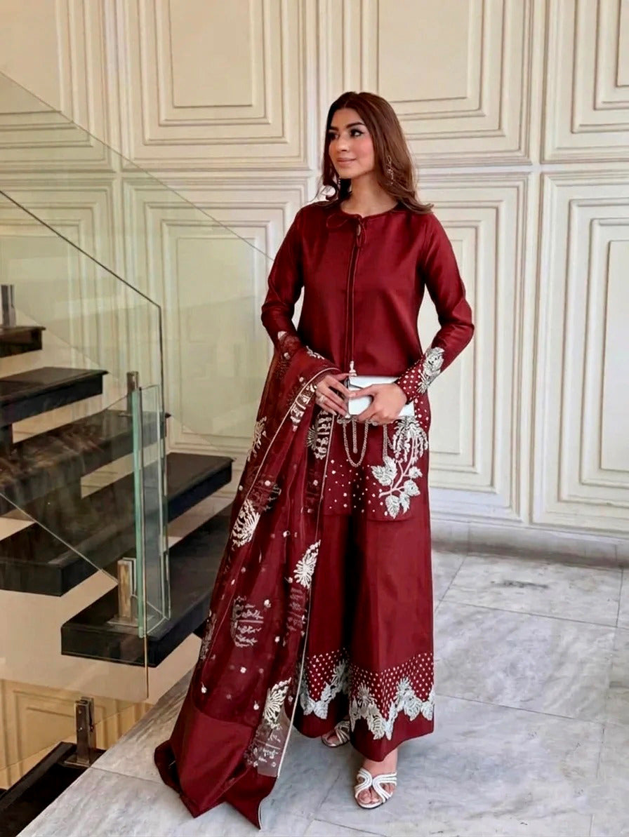 Elegance Personified — 3-Piece Pure China Raw Silk Suit with Heavy Sequence Embroidery