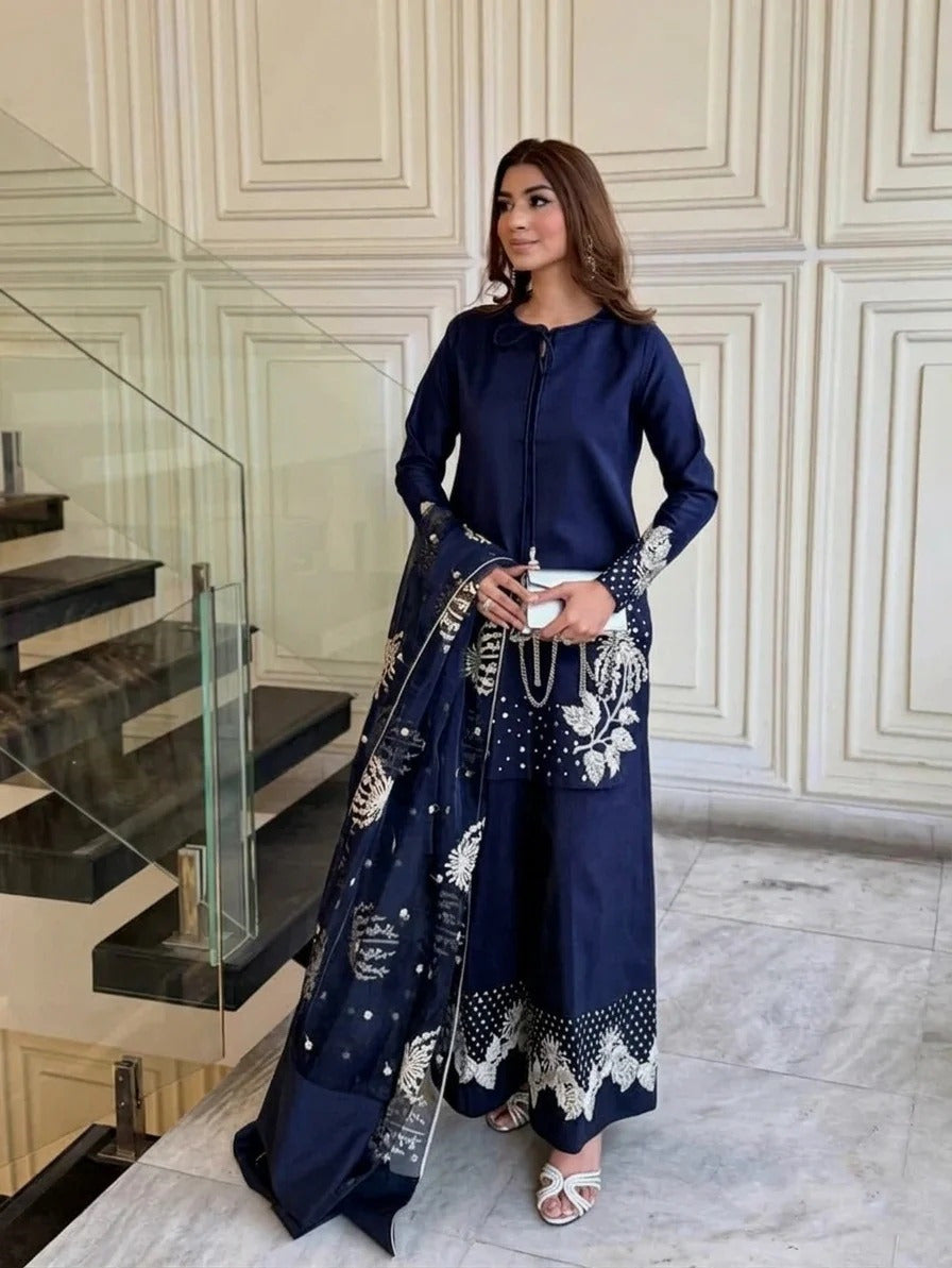 Elegance Personified — 3-Piece Pure China Raw Silk Suit with Heavy Sequence Embroidery