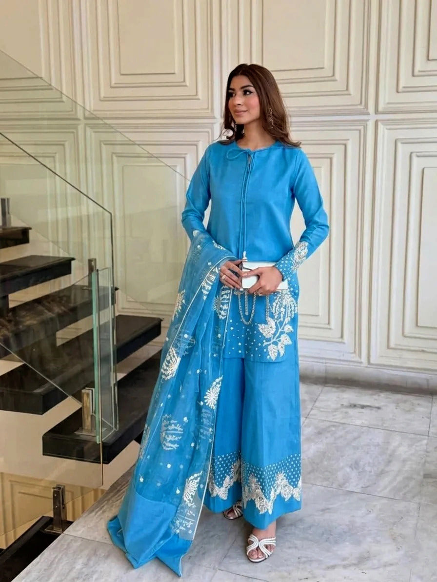 Elegance Personified — 3-Piece Pure China Raw Silk Suit with Heavy Sequence Embroidery